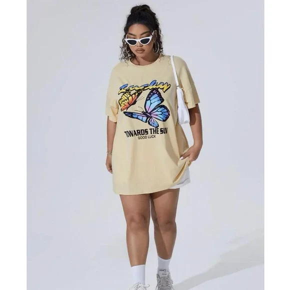 Shein Tops | Nwot Oversized Graphic Shirt Dress | Color: Yellow | Size: 4X | Salesbybry's Closet